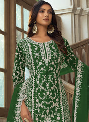 Green Embroidered Net Straight  Cut Suit with Palazzo