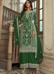 Green Embroidered Net Straight  Cut Suit with Palazzo