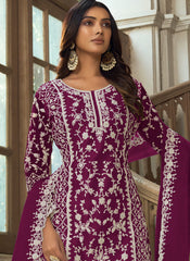 Purple-Wine Embroidered Net Straight  Cut Suit with Palazzo