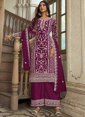 Purple-Wine Embroidered Net Straight  Cut Suit with Palazzo