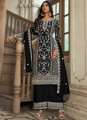 Black Embroidered Net Straight  Cut Suit with Palazzo