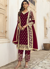 Maroon Net Straight Cut Suit With Pants