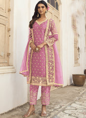 Pink Net Straight Cut Suit With Pants