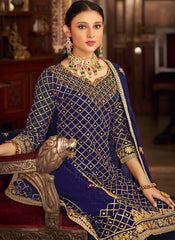 Persian Blue Chinon Straight Cut Suit with Palazzo