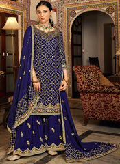 Persian Blue Chinon Straight Cut Suit with Palazzo