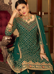 Dark Green Chinon Straight Cut Suit with Palazzo