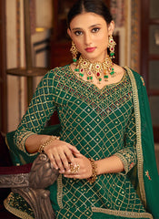 Dark Green Chinon Straight Cut Suit with Palazzo