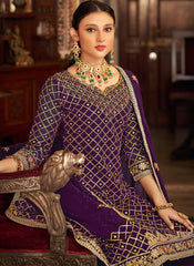 Purple Chinon Straight Cut Suit with Palazzo