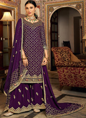 Purple Chinon Straight Cut Suit with Palazzo