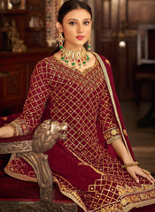 Maroon Chinon Straight Cut Suit with Palazzo