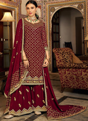 Maroon Chinon Straight Cut Suit with Palazzo