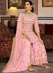 Baby Pink Embroidered Straight Cut Suit with Sharara