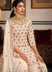 Off-White Embroidered Straight Cut Suit with Sharara