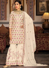 Off-White Embroidered Straight Cut Suit with Sharara