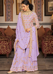Light Purple Embroidered Straight Cut Suit with Sharara