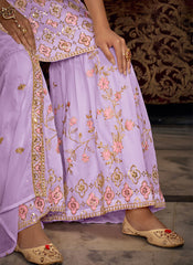 Light Purple Embroidered Straight Cut Suit with Sharara