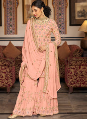 Peach Embroidered Straight Cut Suit with Sharara