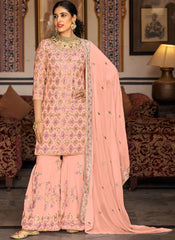 Peach Embroidered Straight Cut Suit with Sharara