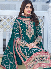 Teal Blue Embroidered Chinon Silk Pakistani Style Suit
