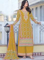 Yellow Chinon Silk Pakistani Style Suit
