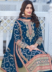 Navy Blue Embroidered Chinon Silk Pakistani Style Suit