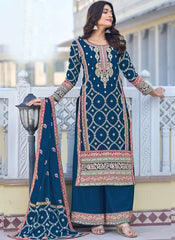 Navy Blue Embroidered Chinon Silk Pakistani Style Suit