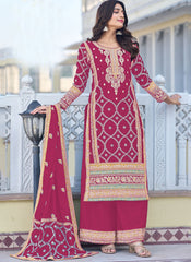 Hot Pink Embroidered Chinon Silk Pakistani Style Suit