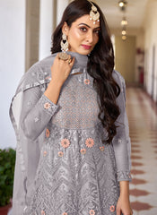 Grey Embroidered Net Salwar Kameez