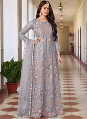 Grey Embroidered Net Salwar Kameez