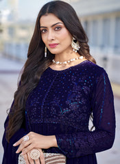 Navy Blue Embroidered Georgette A-Line Cut Suit