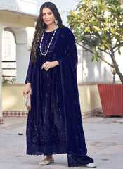 Navy Blue Embroidered Georgette A-Line Cut Suit