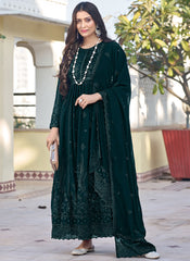 Dark Green Embroidered Georgette A-Line Cut Suit