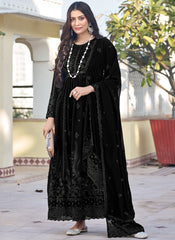 Black Embroidered Georgette A-Line Cut Suit
