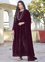 Maroon Embroidered Georgette A-Line Cut Suit