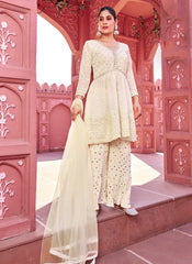 White Embroidered Georgette Palazzo Style Suit