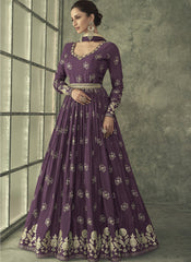 Purple Ready to Wear Pure Viscose Silk Jacquard Anarkali Suit