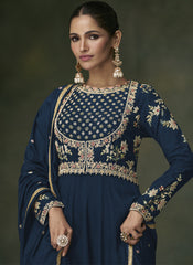 Navy Blue Embroidered Premium Silk Anarkali Style Suit