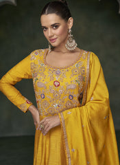 Yellow Embroidered Premium Silk Anarkali Style Suit