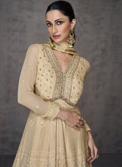 Beige Embroidered Party Wear Georgette Anarkali Style Suit