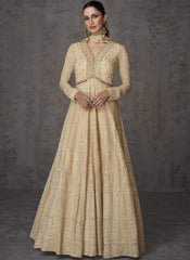 Beige Embroidered Party Wear Georgette Anarkali Style Suit