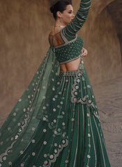 Dark Green Embroidered Chinon Silk Lehenga Choli