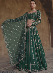 Dark Green Embroidered Chinon Silk Lehenga Choli