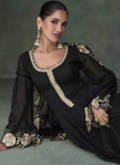 Black Embroidered Party Wear Silk Anarkali Suit