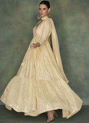 Light Yellow Embroidered Party Wear Silk Anarkali Suit