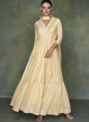 Light Yellow Embroidered Party Wear Silk Anarkali Suit
