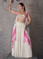 White Multi Embroidery Cape Style Palazzo Suit