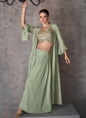Dusty Green Multi Embroidery Cape Style Palazzo Suit