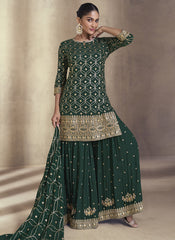 Bottle Green Ready to Wear Chinon Silk - Georgette Palazzo Style Suit