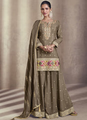 Greenish Grey Ready to Wear Chinon Silk - Georgette Palazzo Style Suit