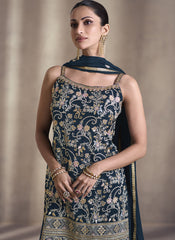 Navy Blue Ready to Wear Chinon Silk - Georgette Palazzo Style Suit